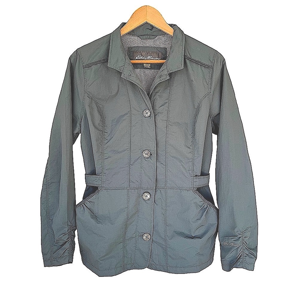 Eddie Bauer M Gray Stretch Jacket Feminine Ruching Water Resistant Travex